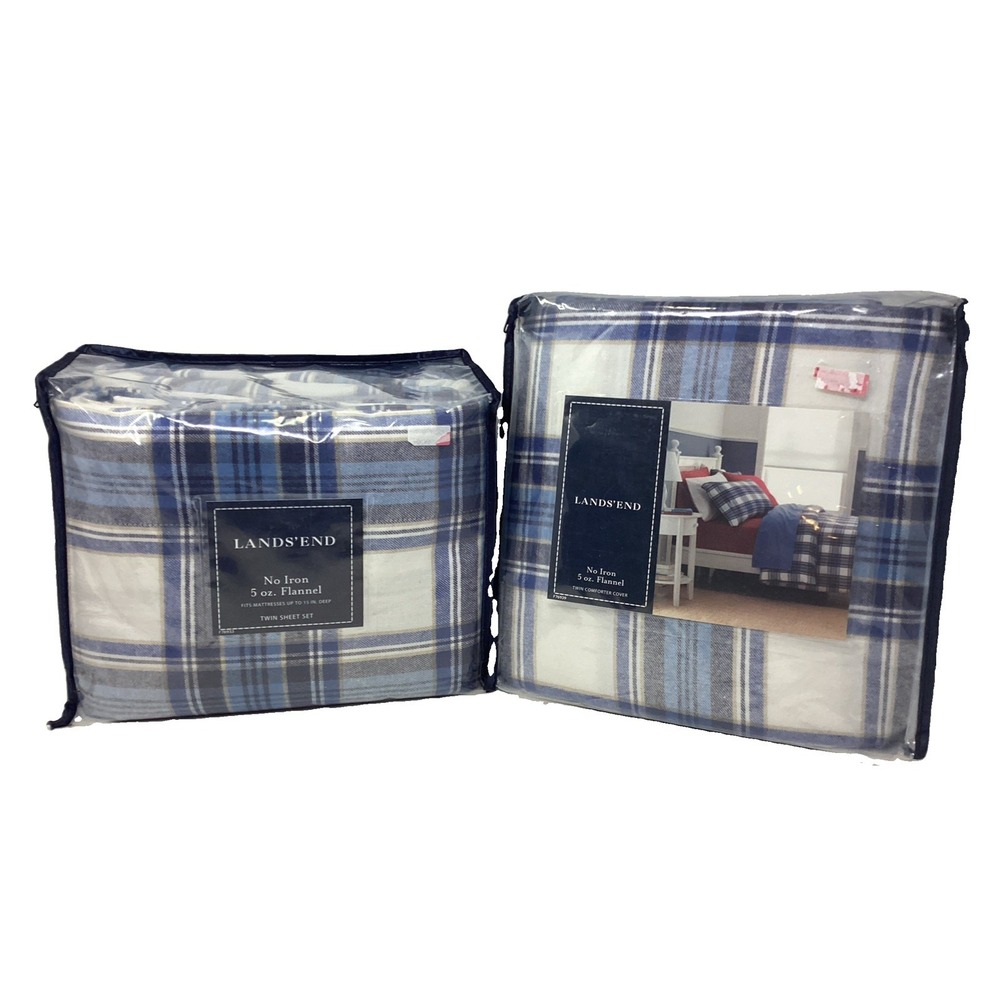 Lands End Twin Size Flannel Sheet Set And Comforter Cover Cotton Blue Plaid NEW!